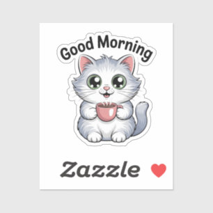 Pegatina de gato lindo con café “Buenos días”