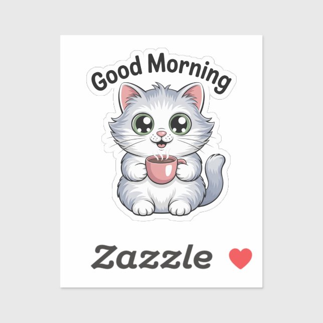Pegatina de gato lindo con café “Buenos días” (Hoja)