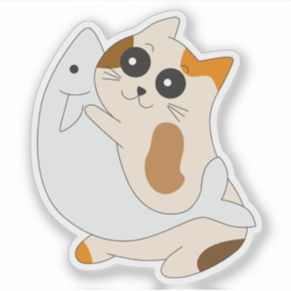 Pegatina de gato lindo; Gatito con pescado