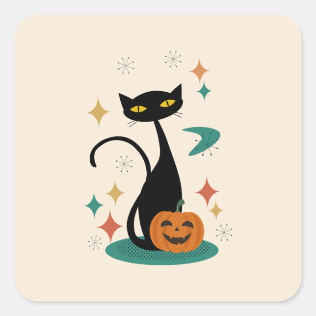 Pegatina de gato negro de Halloween Mid Century (Anverso)