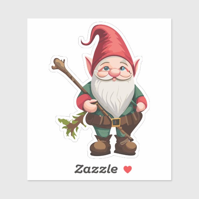 Pegatina de Gnome Explorador con Bastón  (Hoja)