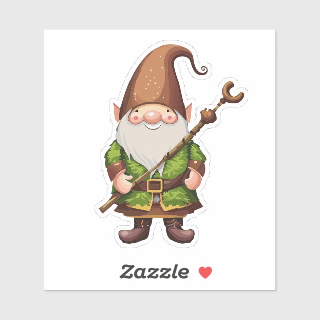 Pegatina de Gnome Explorador con Bastón  (Hoja)