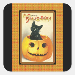 Pegatina de Halloween con calabaza de gato negro v