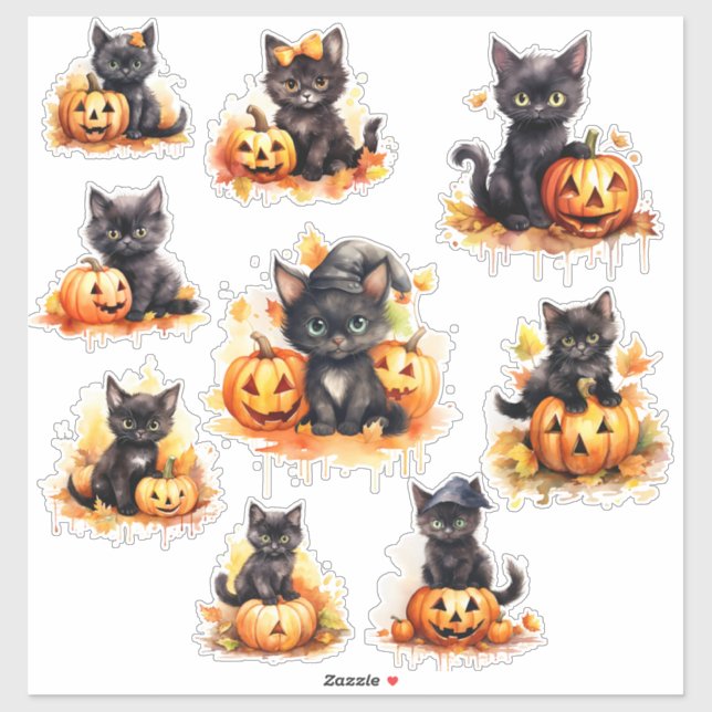 Pegatina de Halloween Kitten y Vinilo de Calabaza (Hoja)