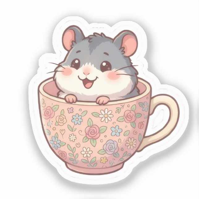 Pegatina de hámster en taza de té floral (Anverso)