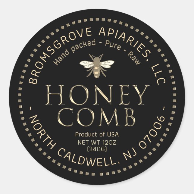 Pegatina de Honeycomb negro oro metálico con abeja (Anverso)