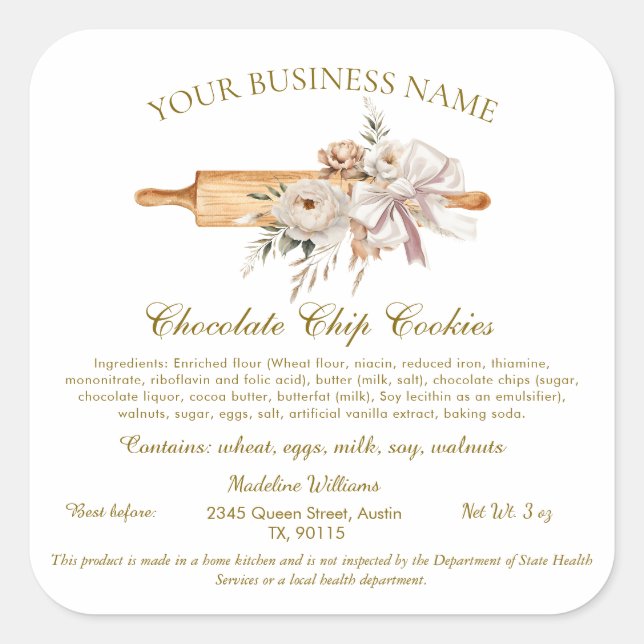 Pegatina de ingredientes de panadería casera con e (Anverso)