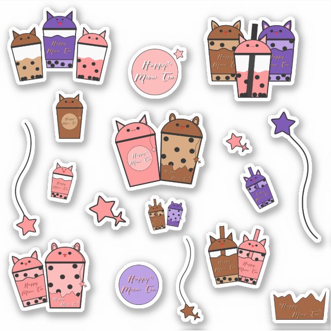 Pegatina de Kawaii Meow Tea Vinyl | Conjunto de 17 (Anverso)