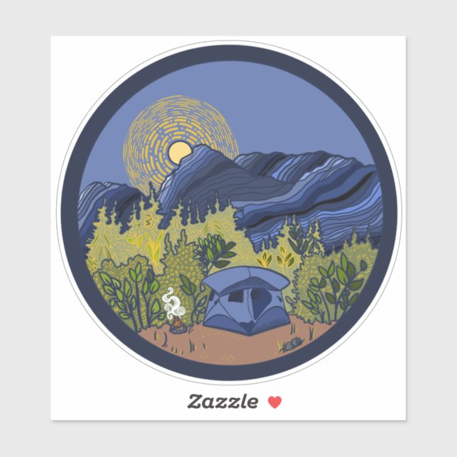 Pegatina de la escena montañosa de Tent Camping (Hoja)