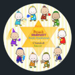 Pegatina de la estrella de festividades judías<br><div class="desc">Apropiado para cualquier festividad judía (bueno,  excepto días rápidos como Yom Kippur),  este diseño presenta una gran estrella de David con nombres de varias festividades judías en el centro. Alrededor de la Estrella hay niños estilizados y coloridos con el atuendo adecuado para sus vacaciones. Festividad y diversión.</div>