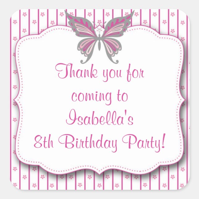 Pegatina de la fiesta de cumpleaños de mariposa ro (Anverso)