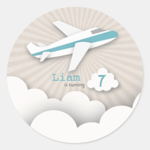 Pegatina de la fiesta de cumpleaños del avión azul