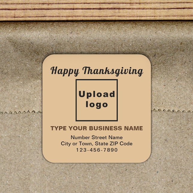 Pegatina de la plaza de la luz marrón del Día de A (Your business brand with Thanksgiving greeting on light brown square sticker.)