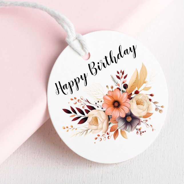 Pegatina de la Ronda de Flores de Cumpleaños Feliz (Happy Birthday Flowers Round Sticker)