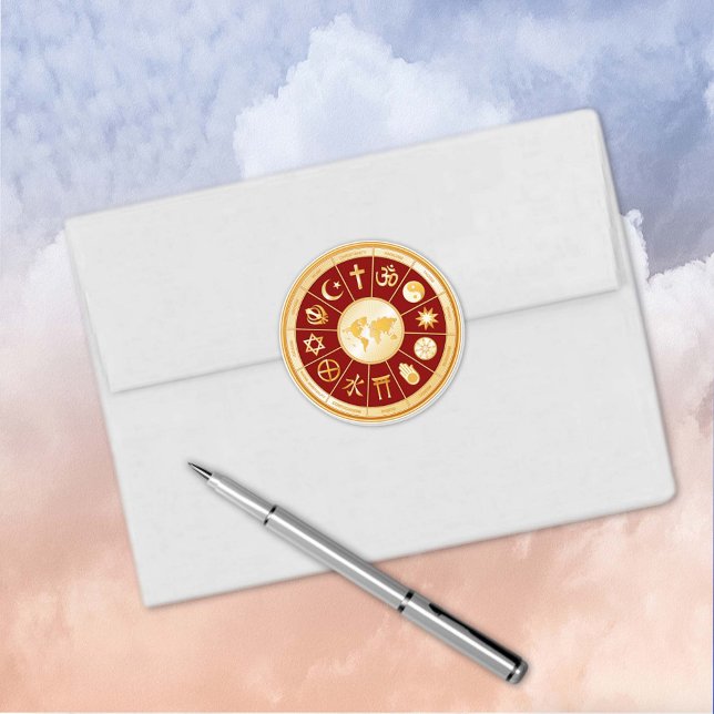 Pegatina de la Ronda del Mundo de la Fe (World of Faith Round Sticker. Gold symbols of international religions surround a world map. )