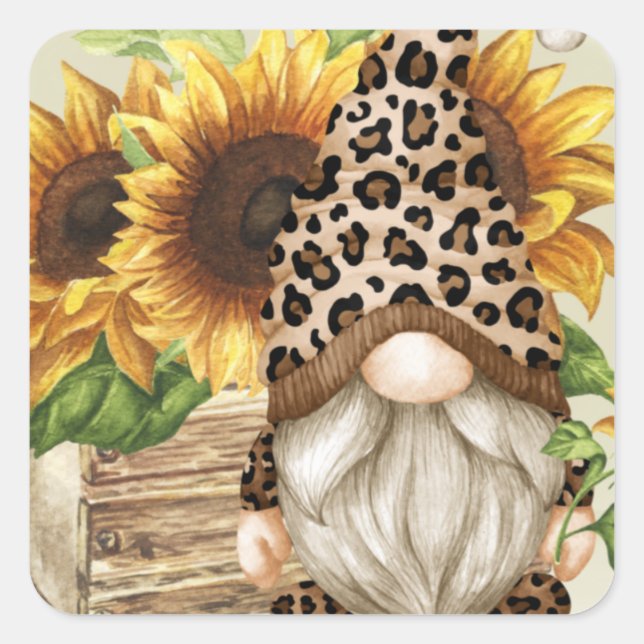 Pegatina de Leopard Gnome Sunflowers Square (Anverso)