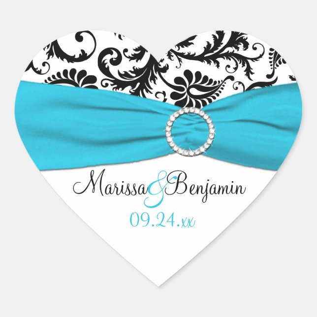 Pegatina de matrimonio Damask azul, blanco y negro (Anverso)