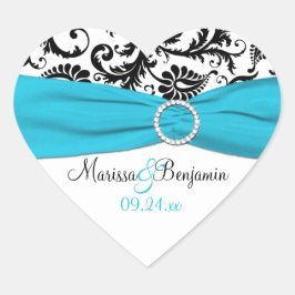 Pegatina de matrimonio Damask azul, blanco y negro