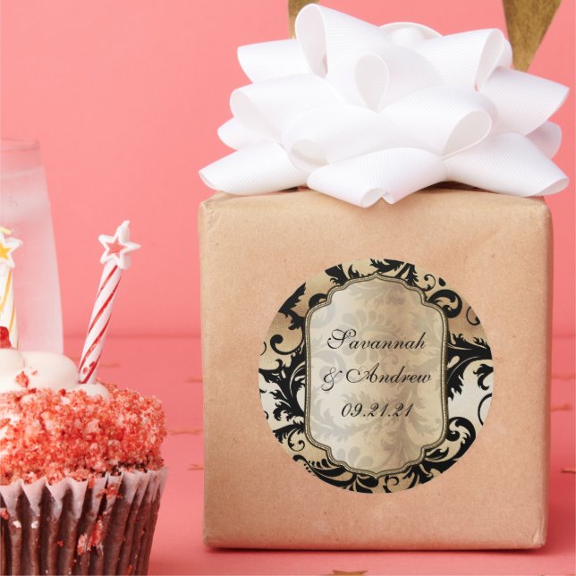 Pegatina de matrimonio Damask en negro y oro (Fiesta)