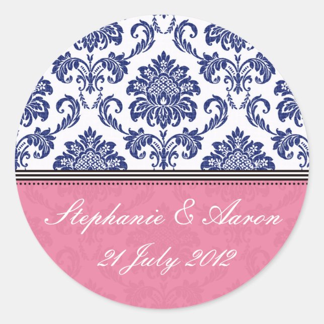 Pegatina de matrimonio Royal Blue and Pink Damask (Anverso)