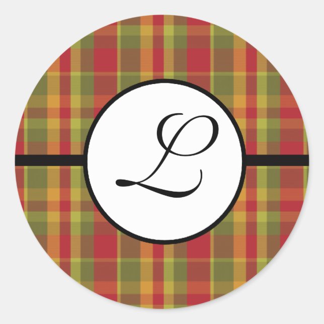 Pegatina de monograma de Navidad Cuadros Rojo Verd (Anverso)