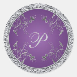 Pegatina de monograma floral morado y Relieve meta