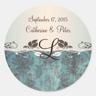 Pegatina de monograma verde azulado Damask