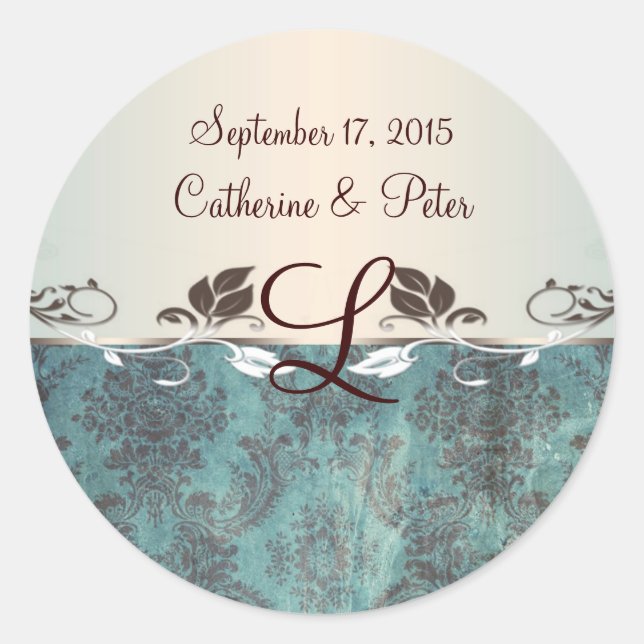 Pegatina de monograma verde azulado Damask (Anverso)