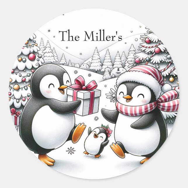Pegatina de Navidad pingüino personalizada (Anverso)
