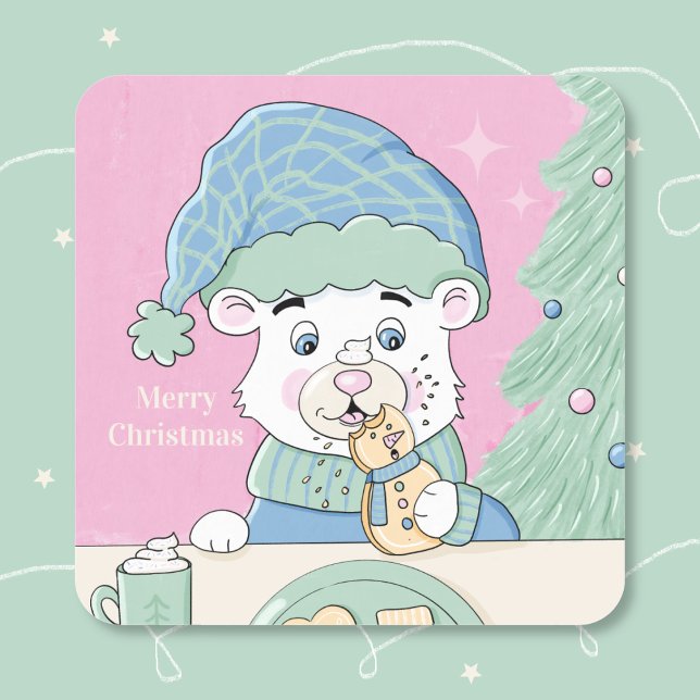 Pegatina de Navidad rosa de Cub de oso polar (Pink retro-style Christmas square sticker with an adorable polar bear cub eating a cookie . )