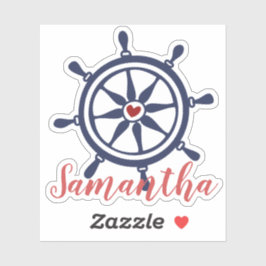 Pegatina de nombre azul marino rojo rueda de barco