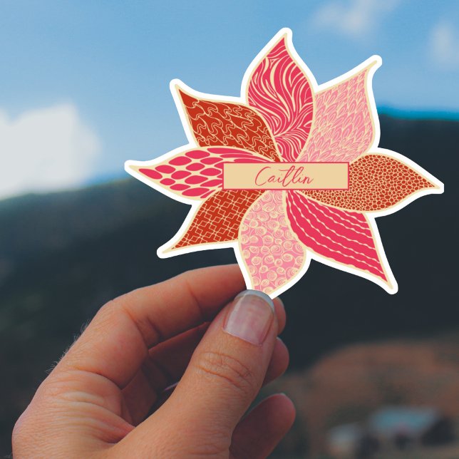 Pegatina de nombre de flor feliz personalizado (Personalized Happy Flower Custom Cut Sticker in Pink and Red)