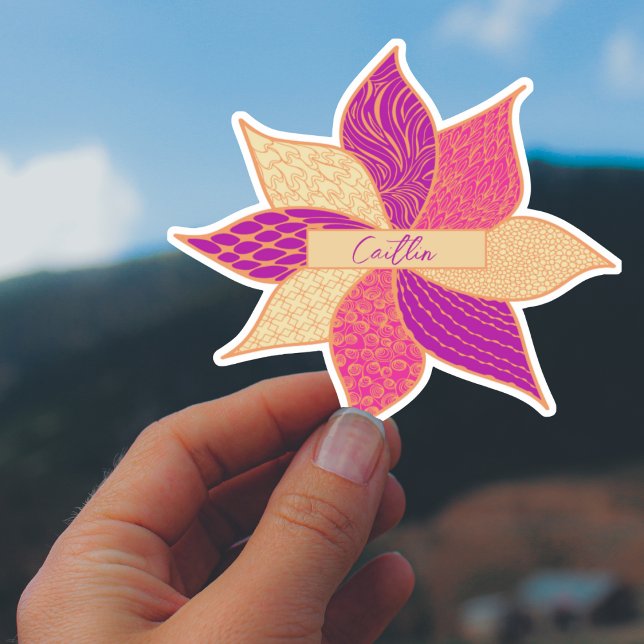 Pegatina de nombre de flor feliz personalizado (Personalized Happy Flower Custom Cut Sticker in Pink)