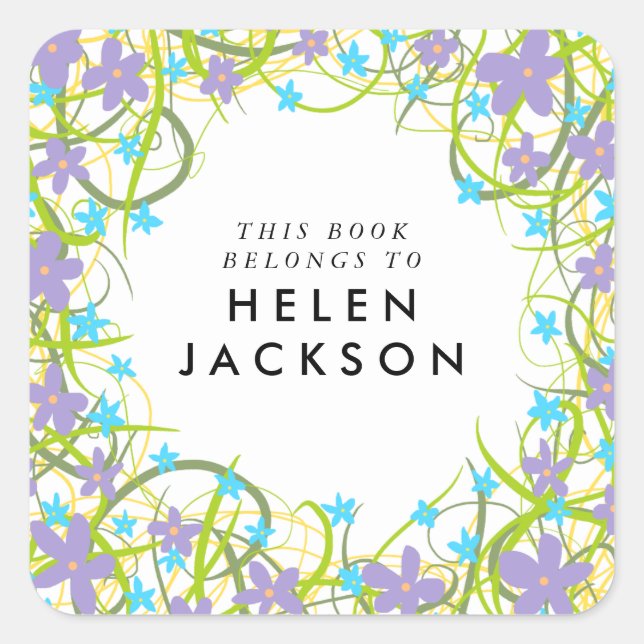 Pegatina de nombre de libro floral azul pálido y l (Anverso)
