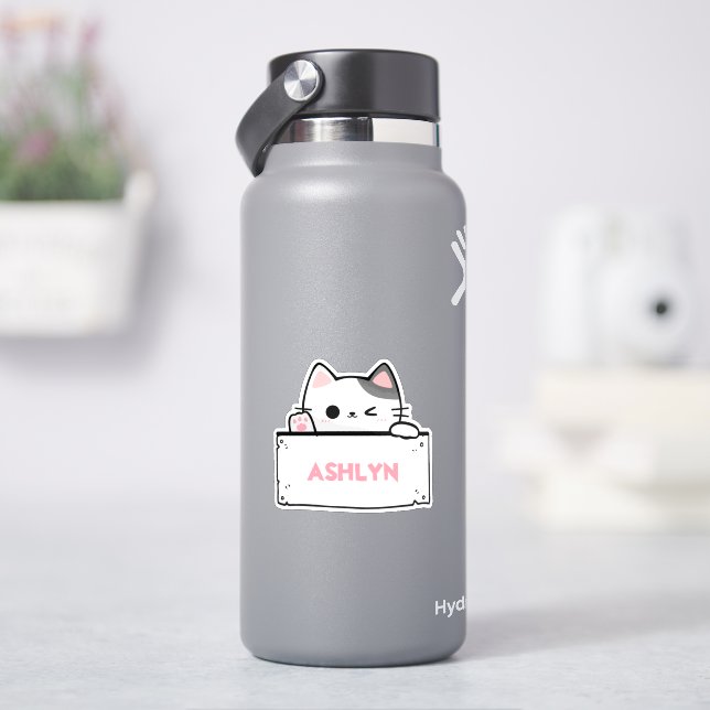 Pegatina de nombres de gatos blancos personalizado (hidrofrasco)