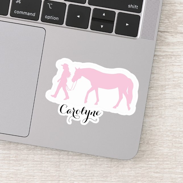 Pegatina de nombres personalizados chica y rosa de (Horse and Girl Sticker with Name Pink)