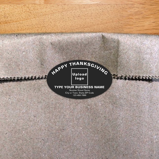 Pegatina de Oval Negro del Día de Acción de Gracia (Thanksgiving greeting with your business brand on black oval shape sticker.)