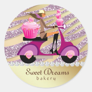 Pegatina de panadería Sparkle Zebra Scooter Chica