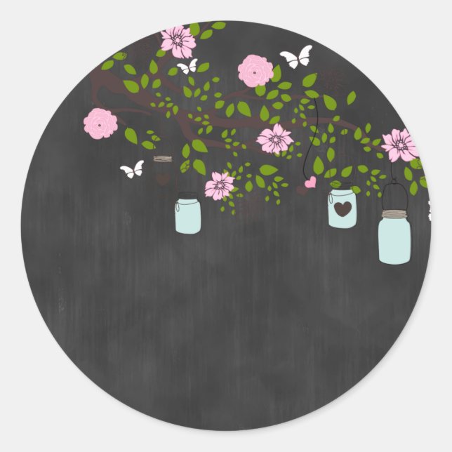 Pegatina de pizarra con flores rosas y Mason Jar (Anverso)