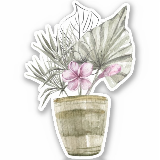Pegatina de planta de casa en maceta violeta acuar (Anverso)