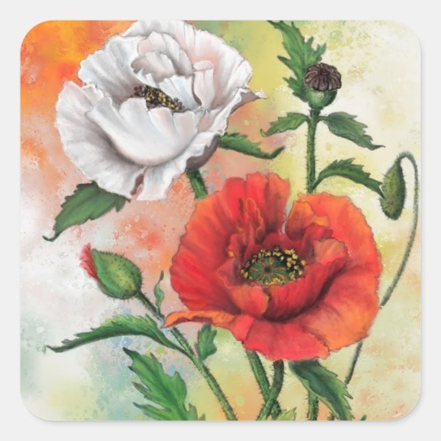 Pegatina de Poppies Blancos Rojos - Pintura (Anverso)