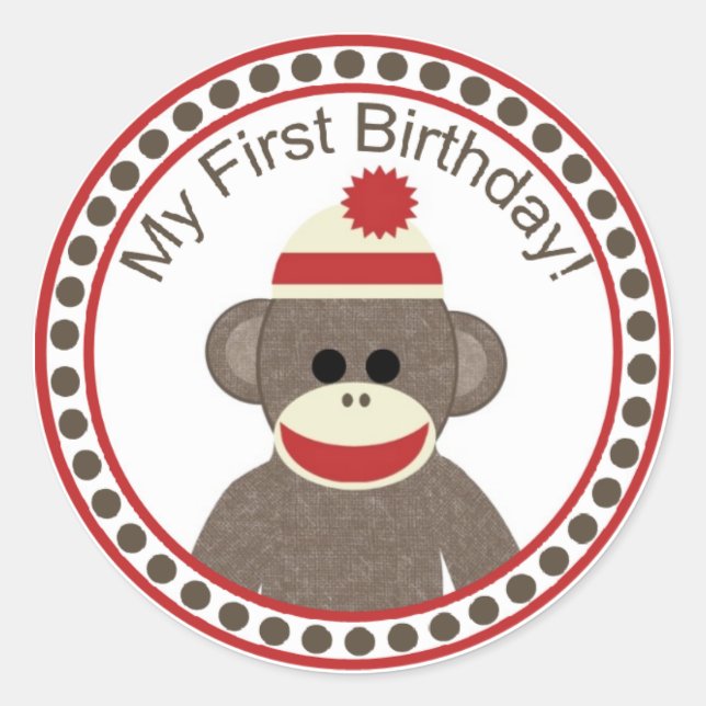 Pegatina de primer cumpleaños de mono sock (Anverso)