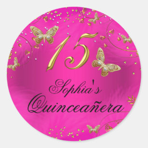 Pegatina de Quinceanera de mariposa rosa y dorada