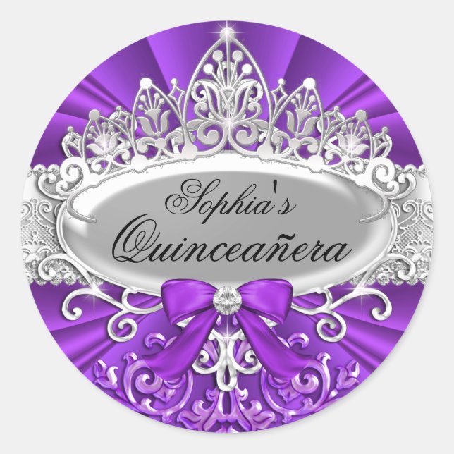 Pegatina de Quinceanera de Purple Tiara y Damask (Anverso)