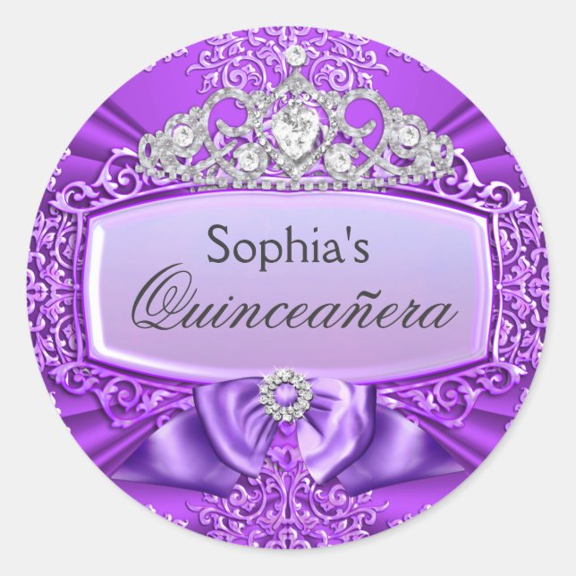 Pegatina de Quinceanera de Purple Tiara y Damask (Anverso)