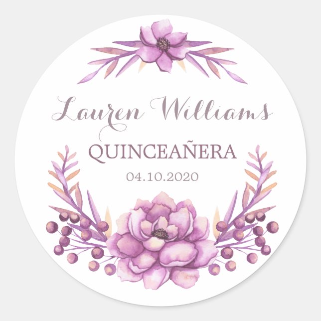 Pegatina de quinceanera floral de color morado (Anverso)