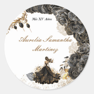 Pegatina de Quinceañera Negra y Oro
