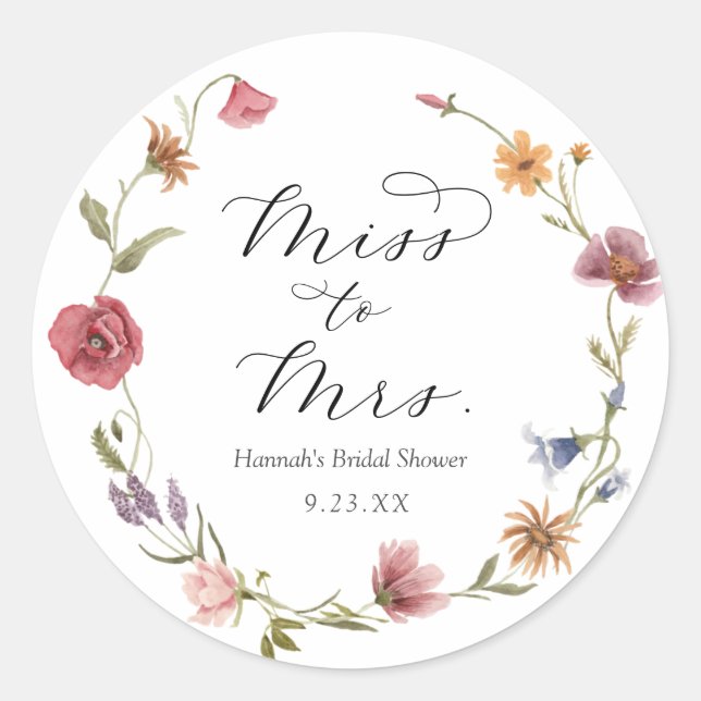 Pegatina de redondeo clásico Wildflower Bridal Sho (Anverso)