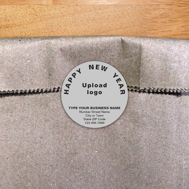 Pegatina de redondeo gris de Año Nuevo profesional (New Year greeting with your business brand on gray round shape sticker.)