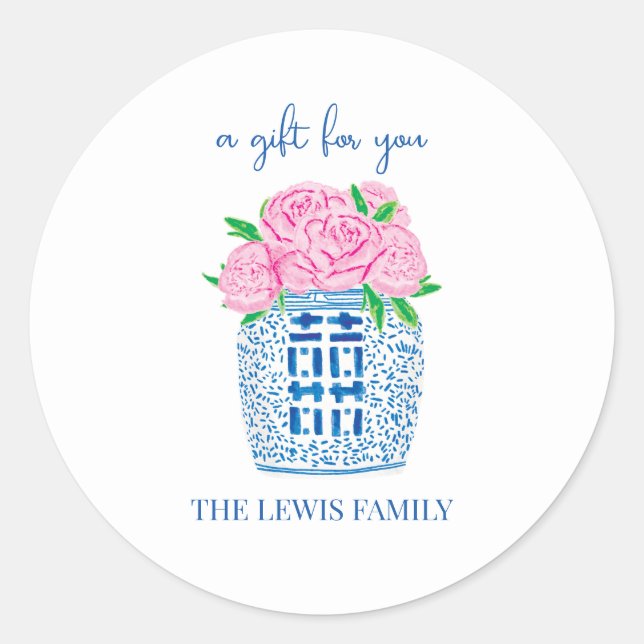 Pegatina de regalo de peonía Chinoiserie (Anverso)